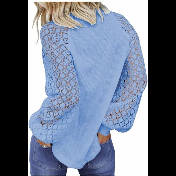 Miholl Blue balloon sleeve, beautiful top.with lace sleeve, and zipper back - Picture 6 of 8
